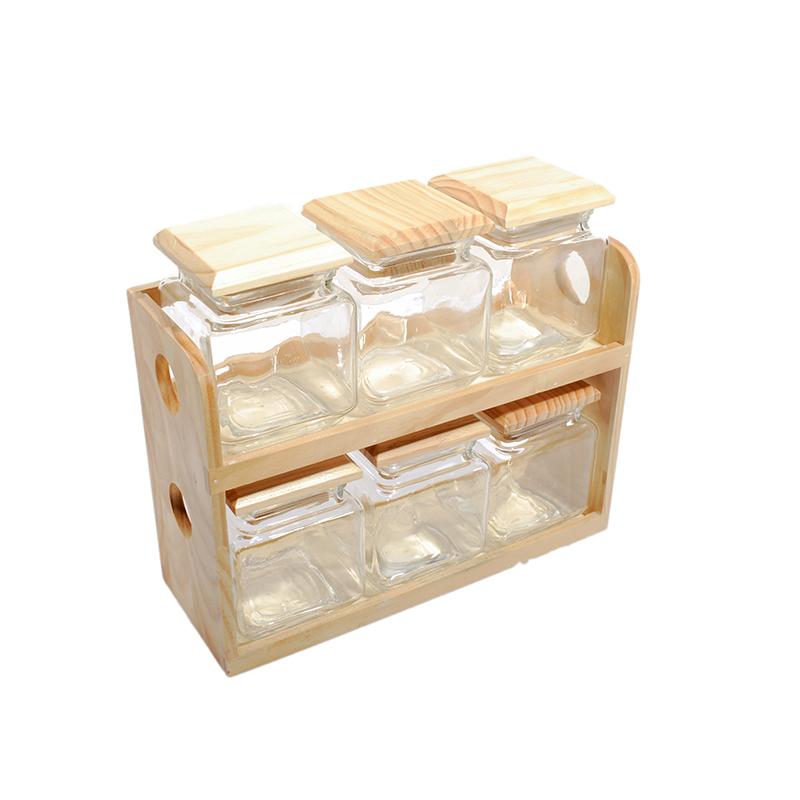 6pcs glass storage jar with wooden rack set