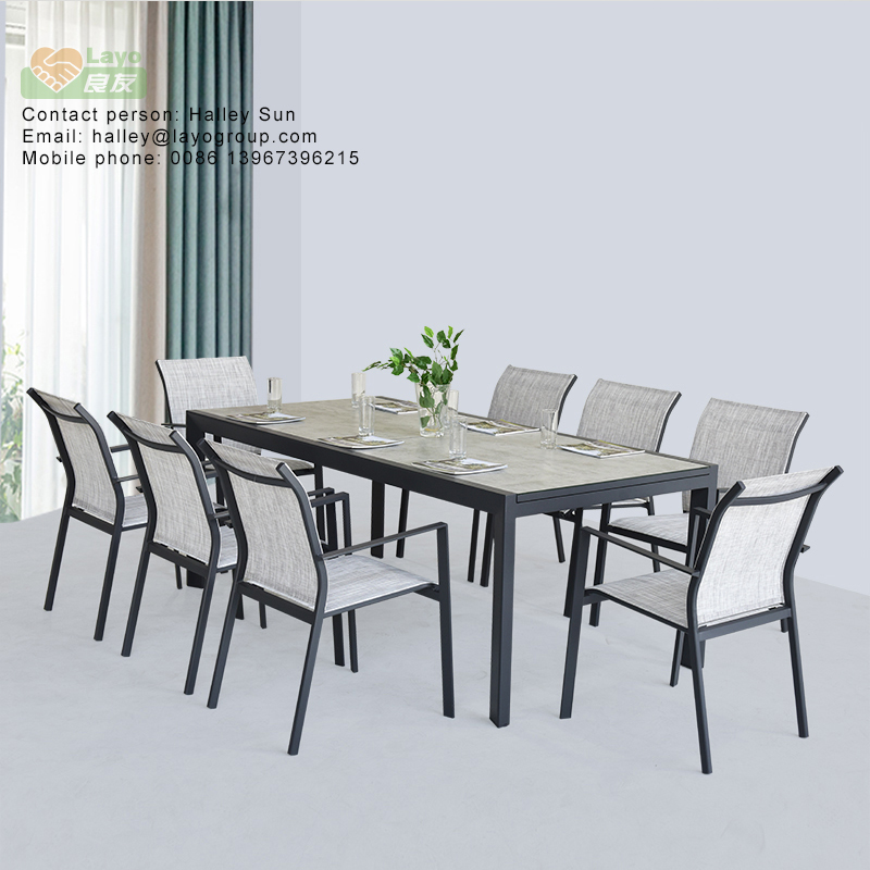 Alum extension dining table set with ceramic glass table top