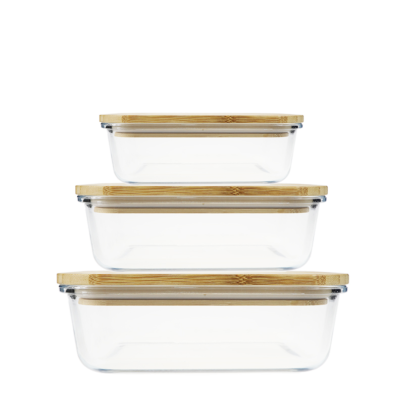 Borosilicate rectangle glass food container with bamboo lid