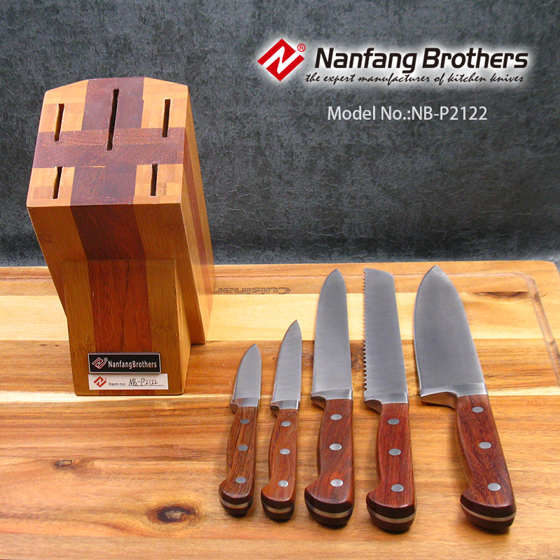 6-piece kitchen knives set with Rubber wood block & Rose Wood forged handle.