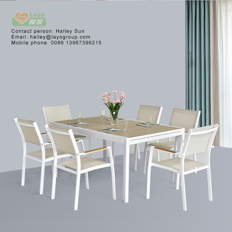 Alum extension dining table sets with alum slats table top