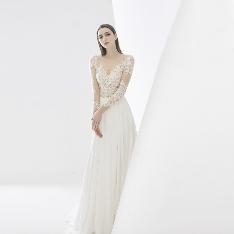 Ready to Ship Cheap Chiffon Lace A-line Beach Wedding Dress with Slit