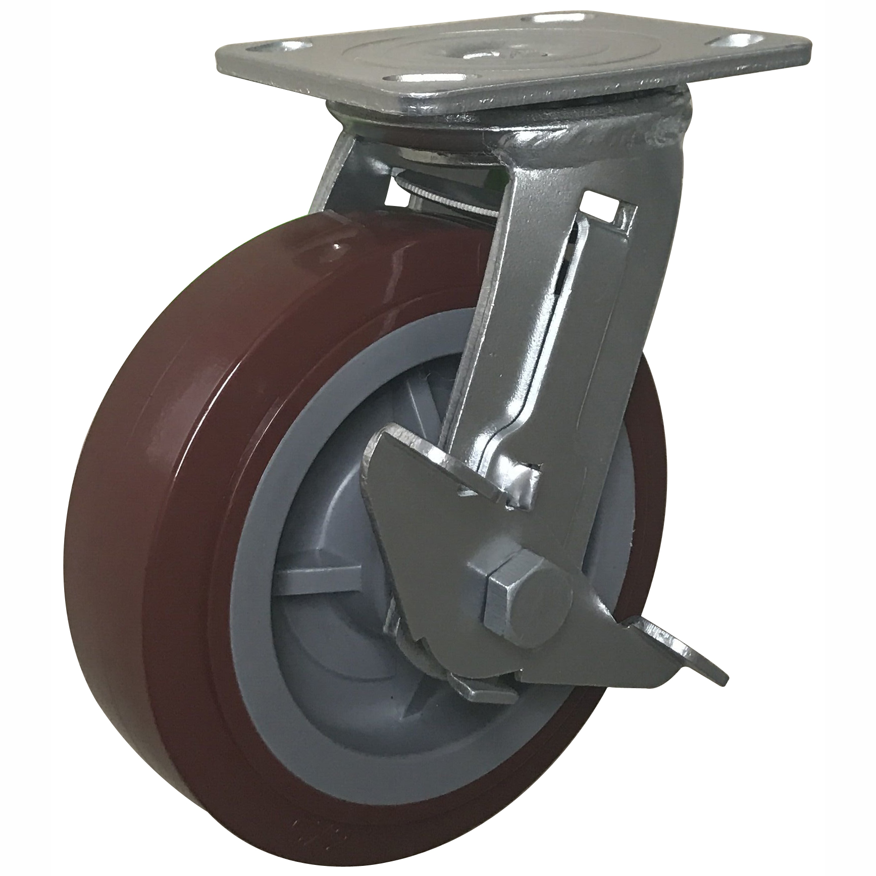 New design factory price 4" red PU caster with polypropylene center platform truck/foklift swivel caster wheel with side brake