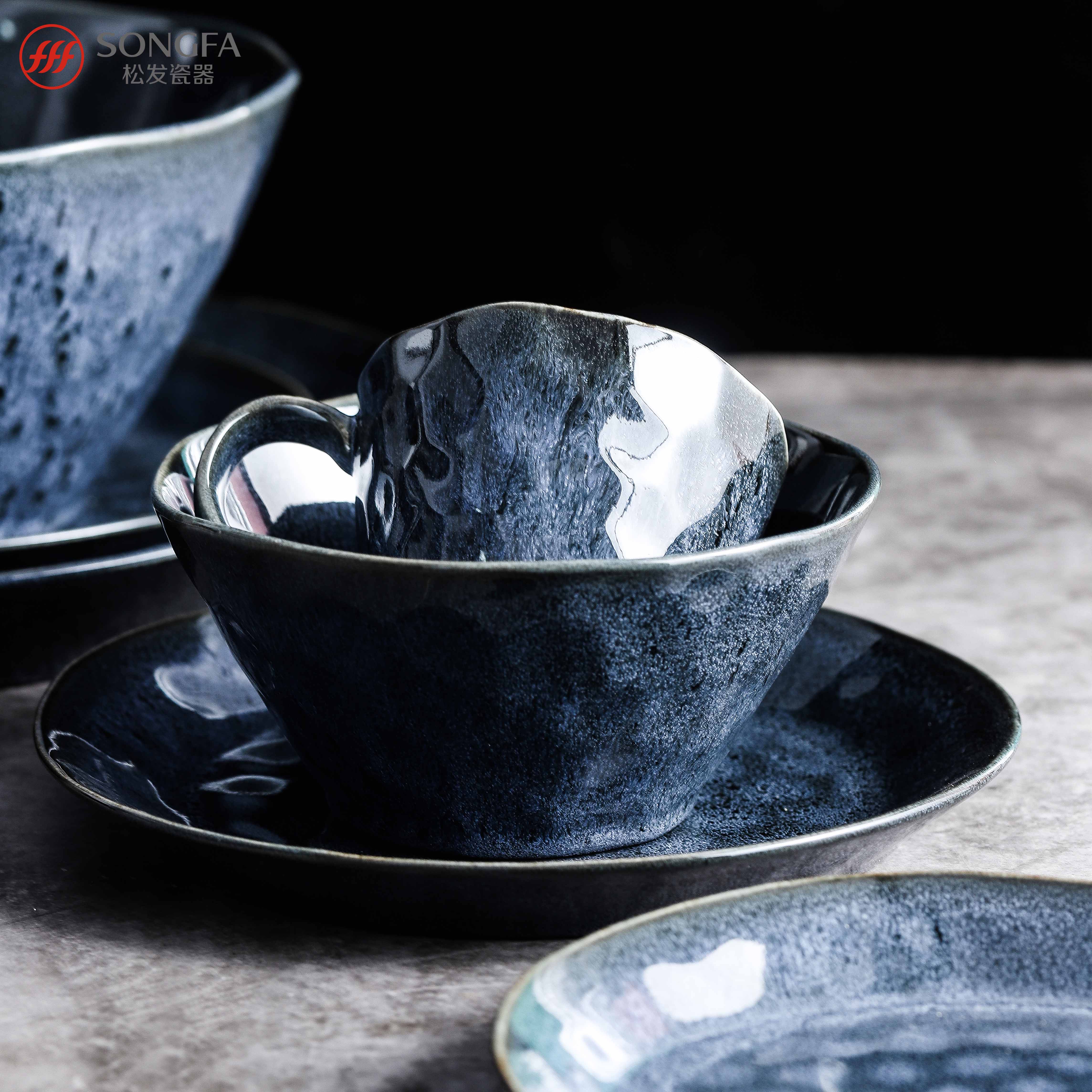 New bone china blue reactive glaze dinnerware (plate/bowl/mug)