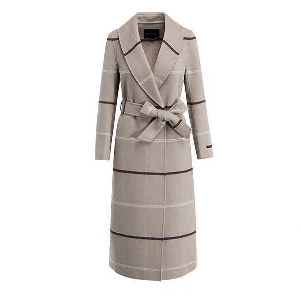 women's wool long coat with piping on sleeves