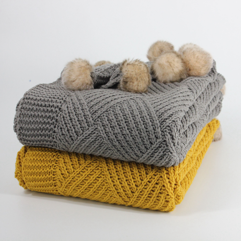 Pom Pom Knitted Throw Blanket