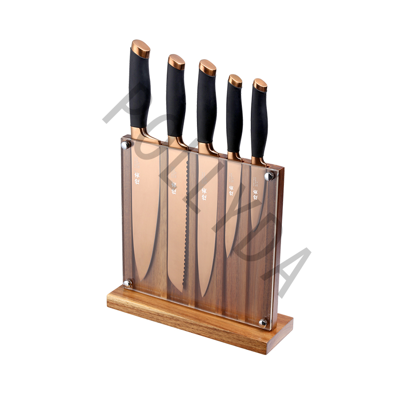 6 pc Titanium coating knife block set Double bolsters TPR handle kitchen knife D64-6S