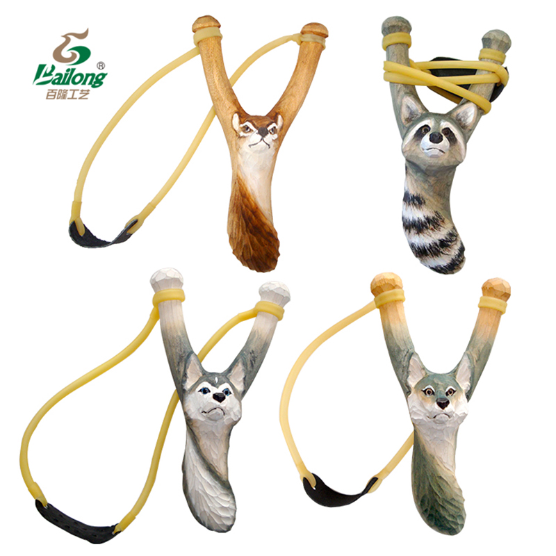 Hand-carved wooden slingshot animals with tail