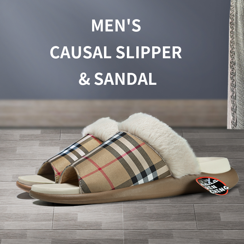Men's Causal Slipper & Sandal With Eva Sole Plaid Fabric Upper & Plush