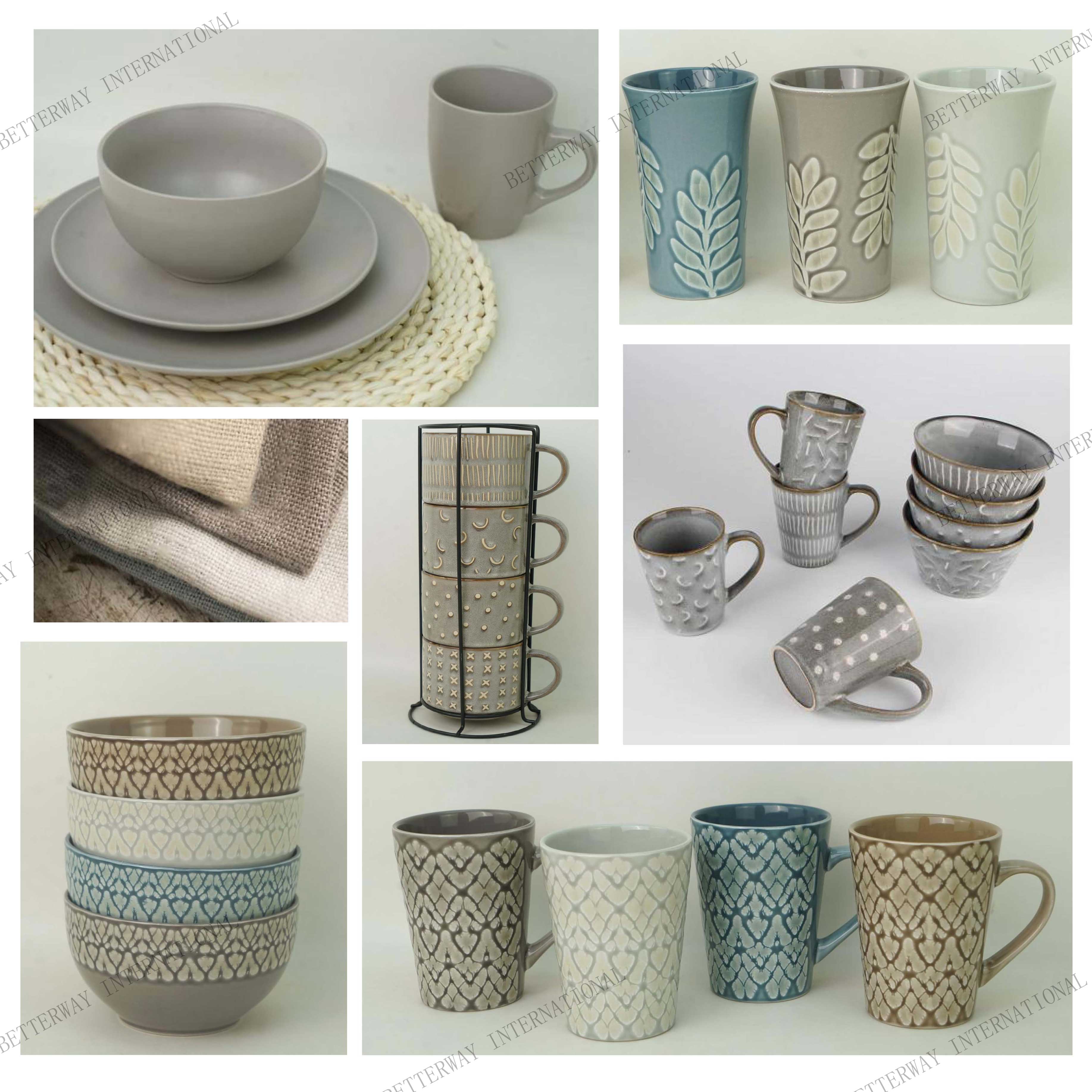 No. 006 Stoneware mug & bowl reactive glaze with engraved pattern