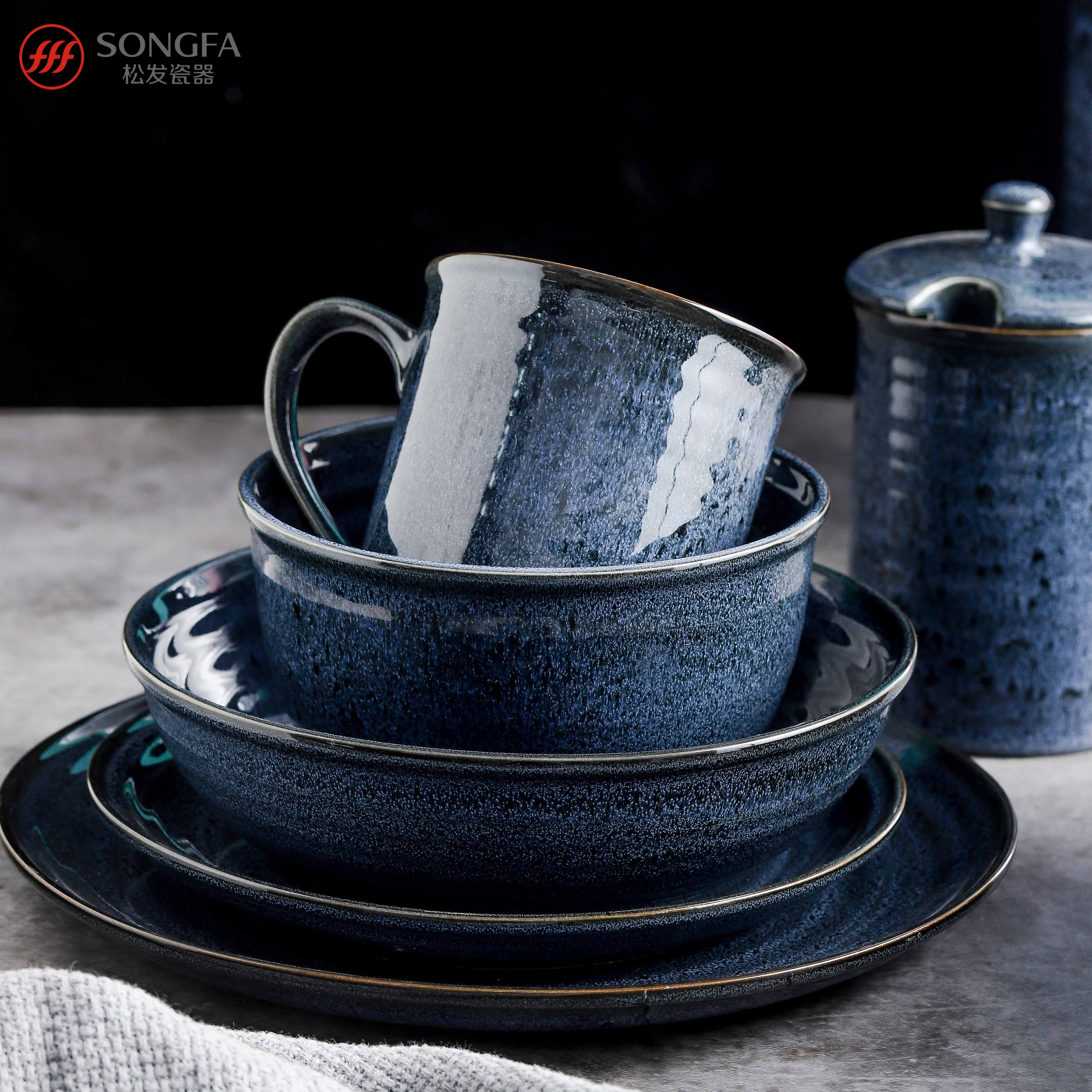 2020 New arrival deep blue reactive glazed dinnerware set (tea set, mug, plate, cannister)