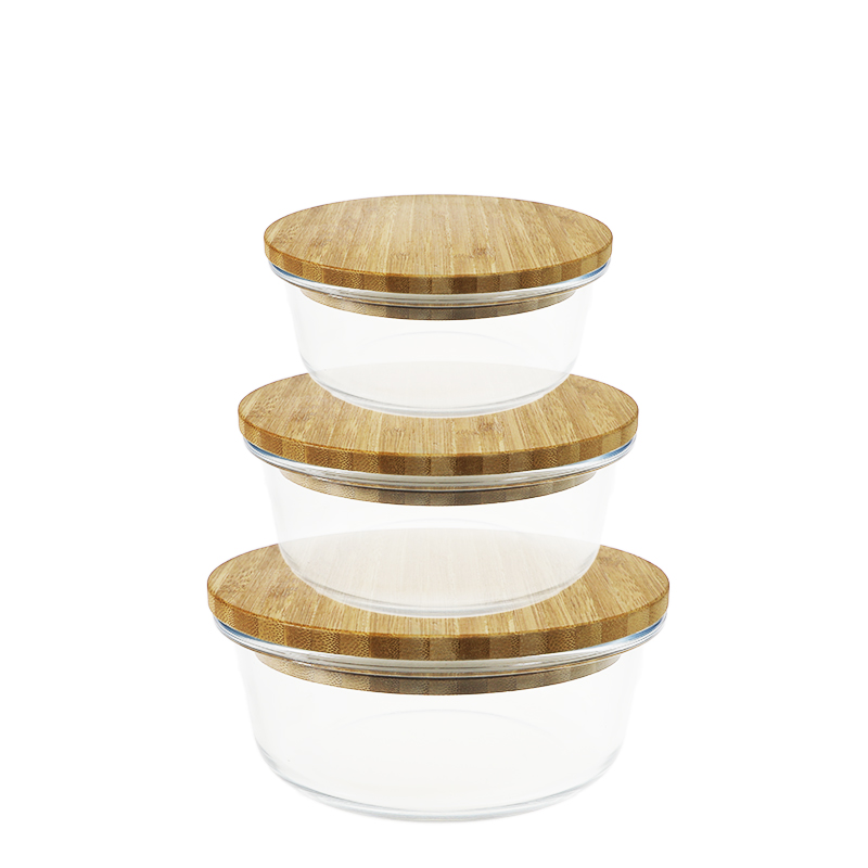 Borosilicate roundglass food container with wooden lid