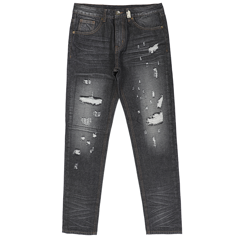 Grey denim jeans pants hole jeans men slim fit jeans trousers monkey wash ripped patch jeans G2306