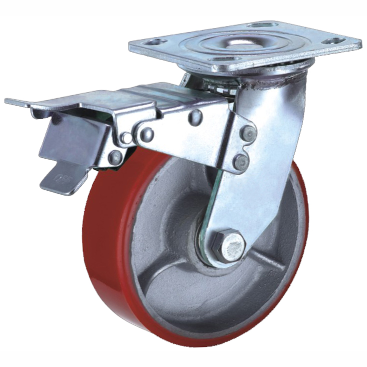 Heavy duty anti static superior 8" pu on cast iron hand cart / stock cart/wearhousing swivel caster wheel with double brake