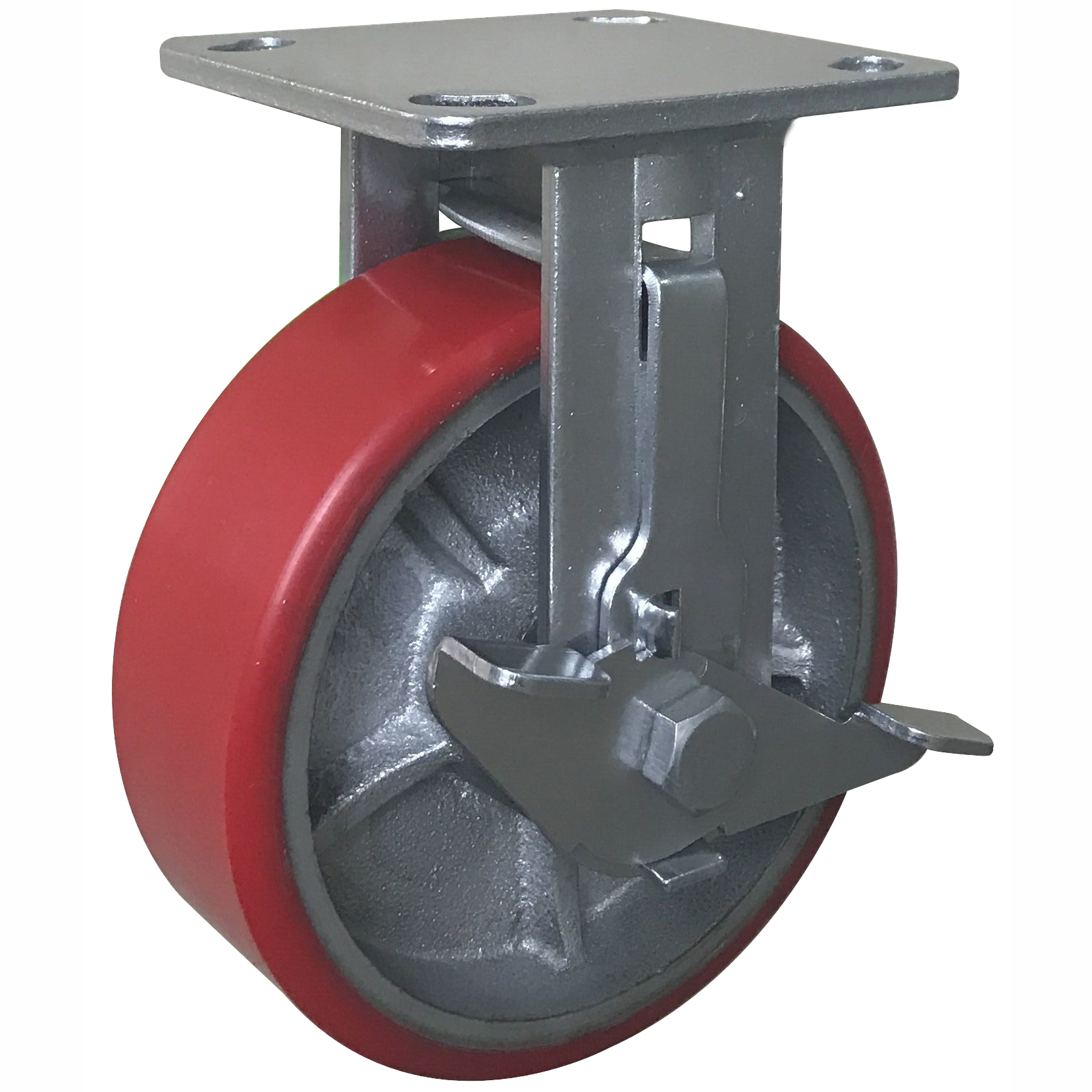 Rigid caster high quality industrial red polyurethane with side brake