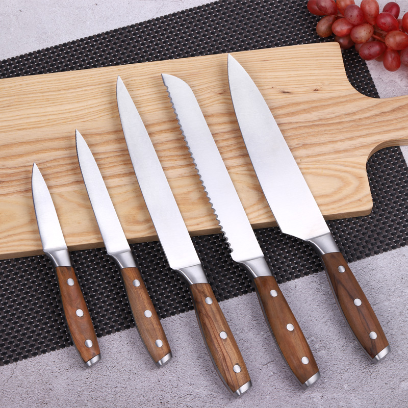 High Quality Stainless Steel 5PCS Double Forged Kitchen Knife Set with Olive Wood Handle