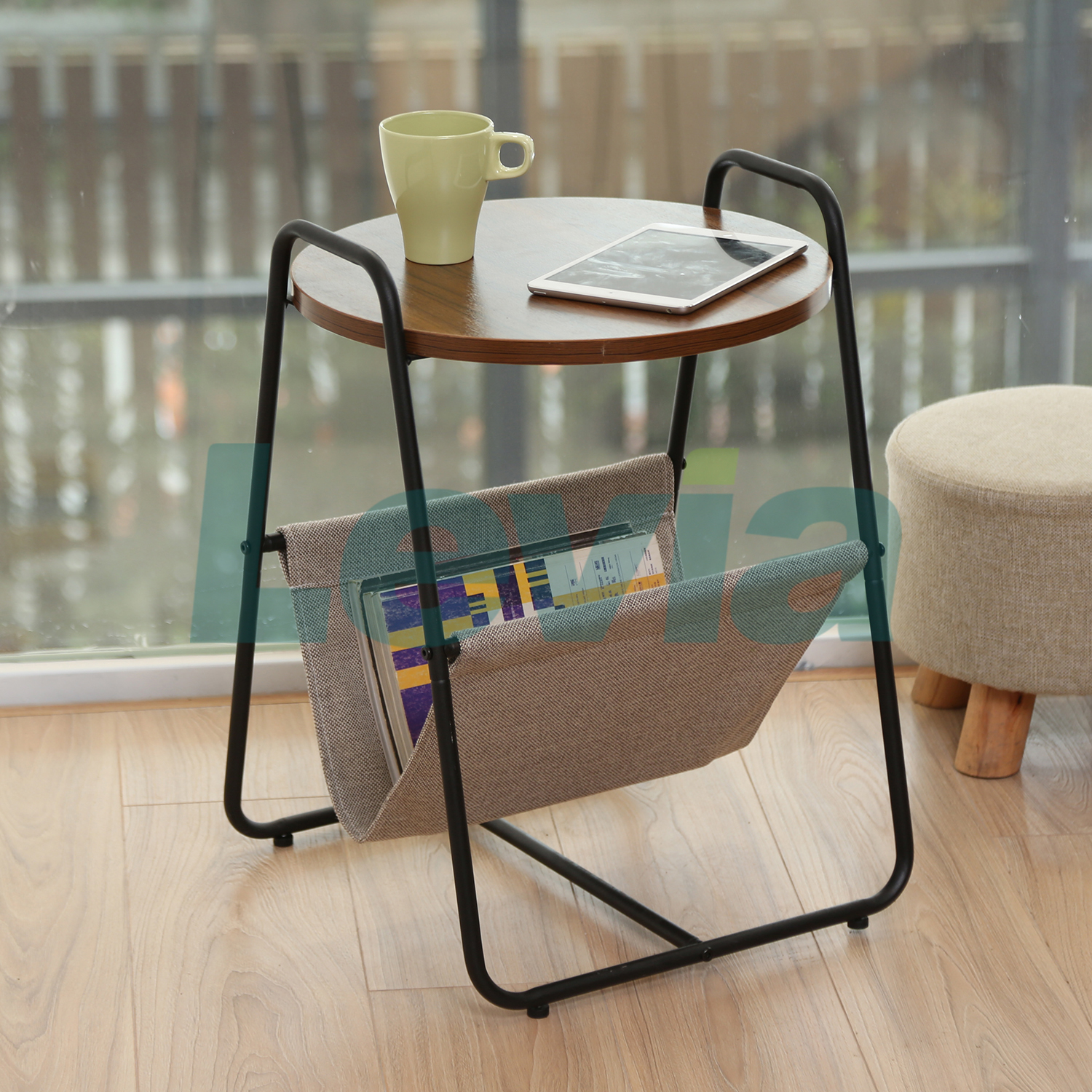 Iser Side Table(cloth pocket) Round Side Table with Fabric Storage Basket