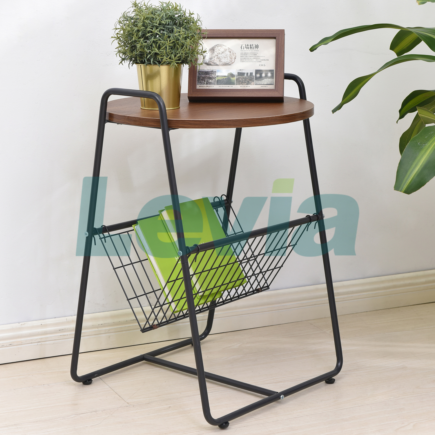 Iser Side Table Round Side Table with Metal Wire Storage Basket