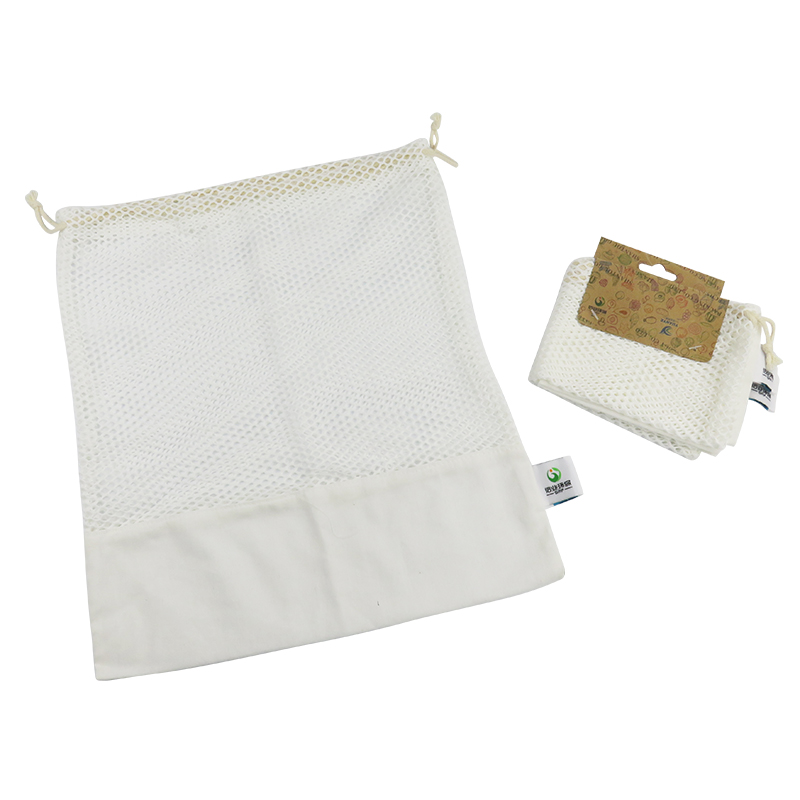 custom drawstring white cotton mesh cloth splicing eco bag