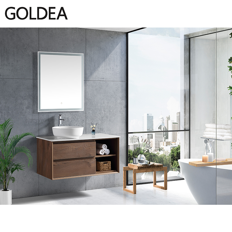 Oak bathroom vanity with open shelf