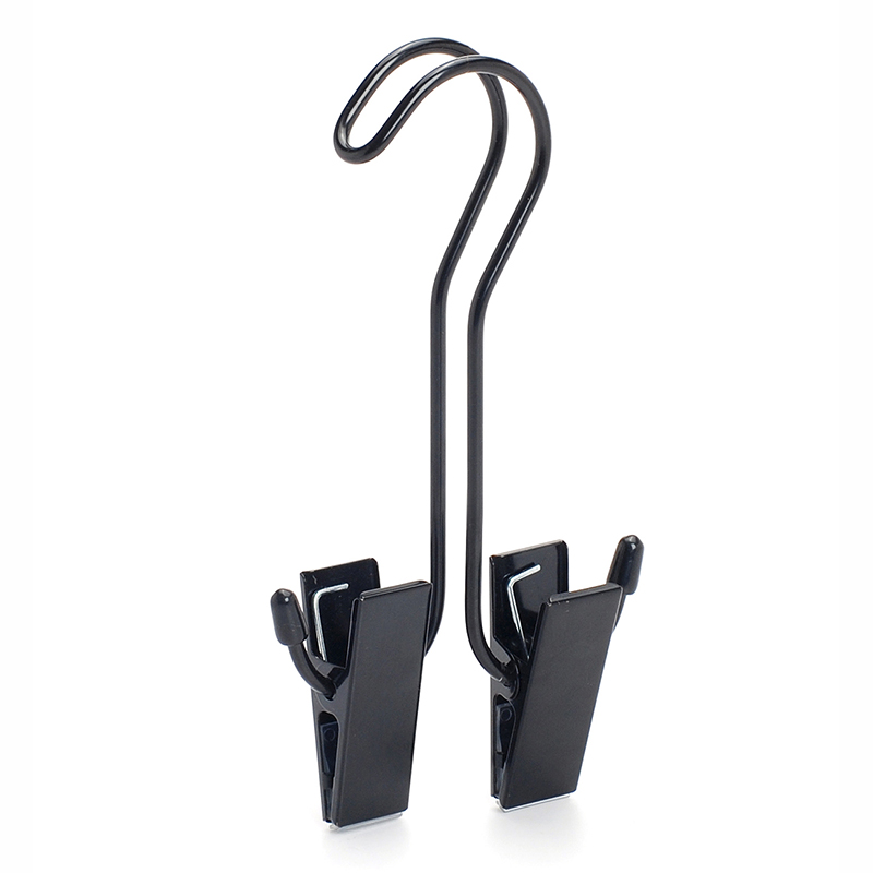 Black powder coated metal hanger with two clips