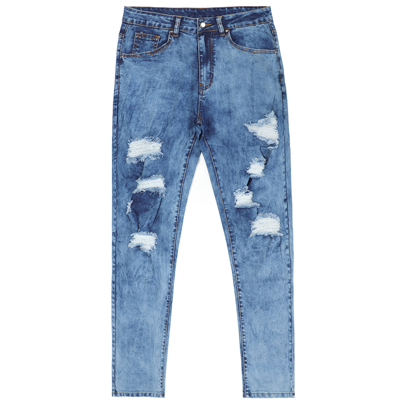 Skinny ripped jeans pants bleash wash elastic men denim jeans G2318