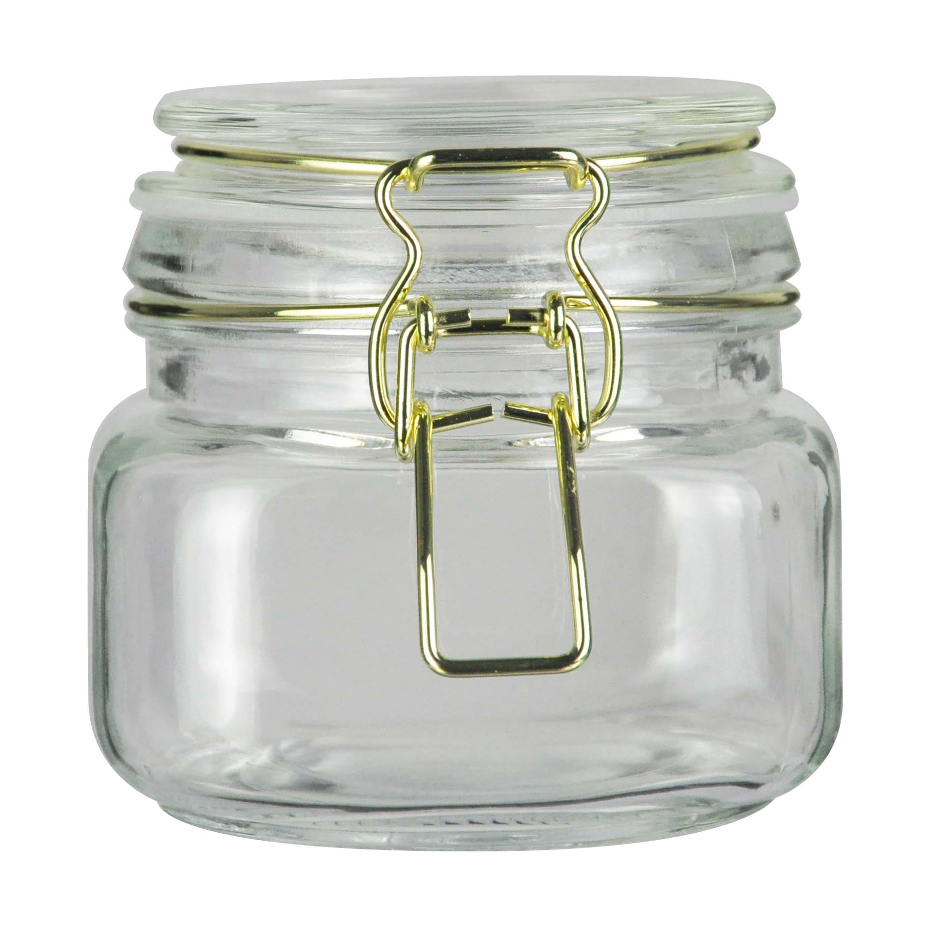 Clip top jar, golden stainless steel wire, machine pressed glass lid