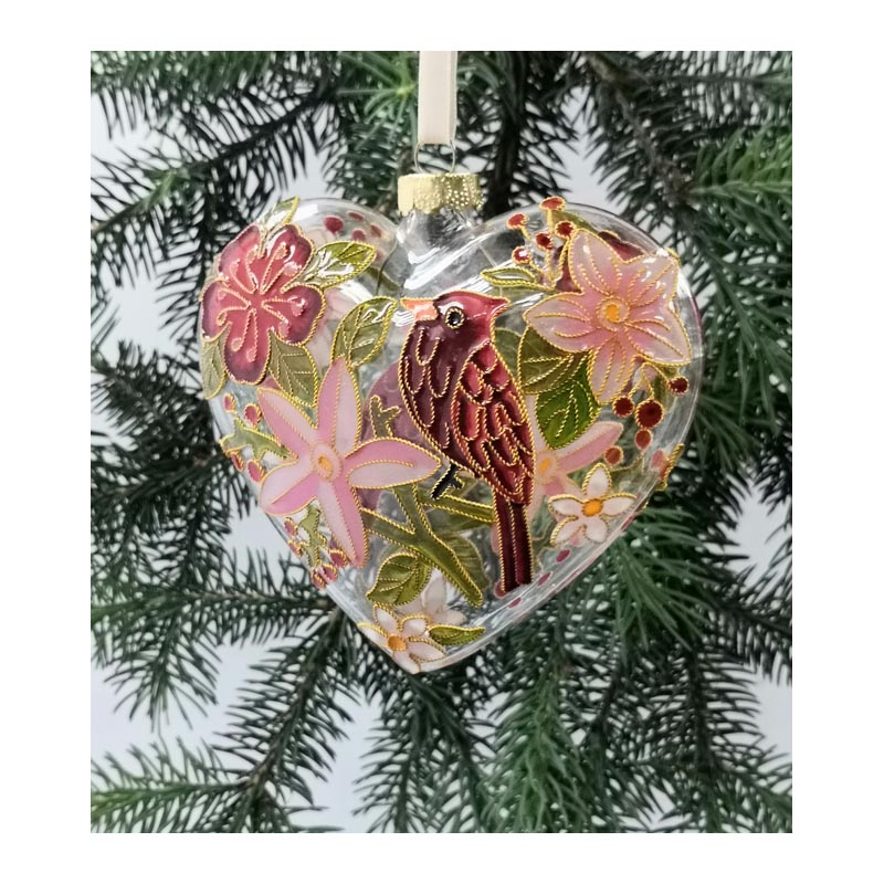 cloisonne glass heart ornament-cardinal