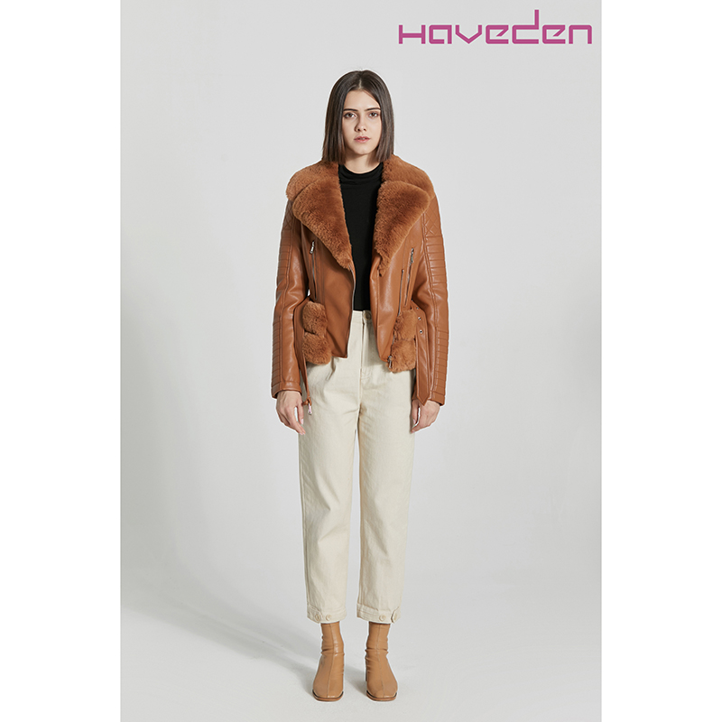 Ladies Pu Jacket With Fur Camel
