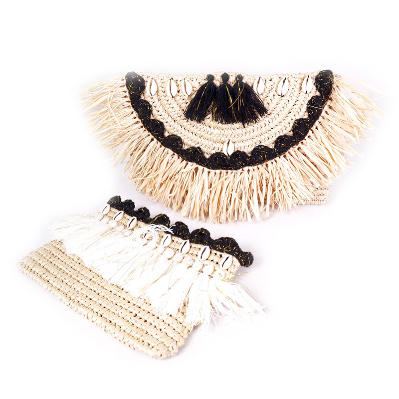 Natual straw crocheted tassel shell clutch