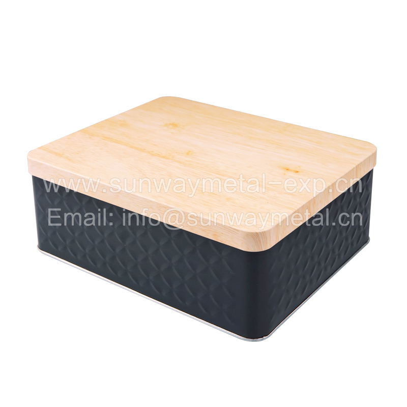 Rectangle tin box with wood grain lid home storage tin