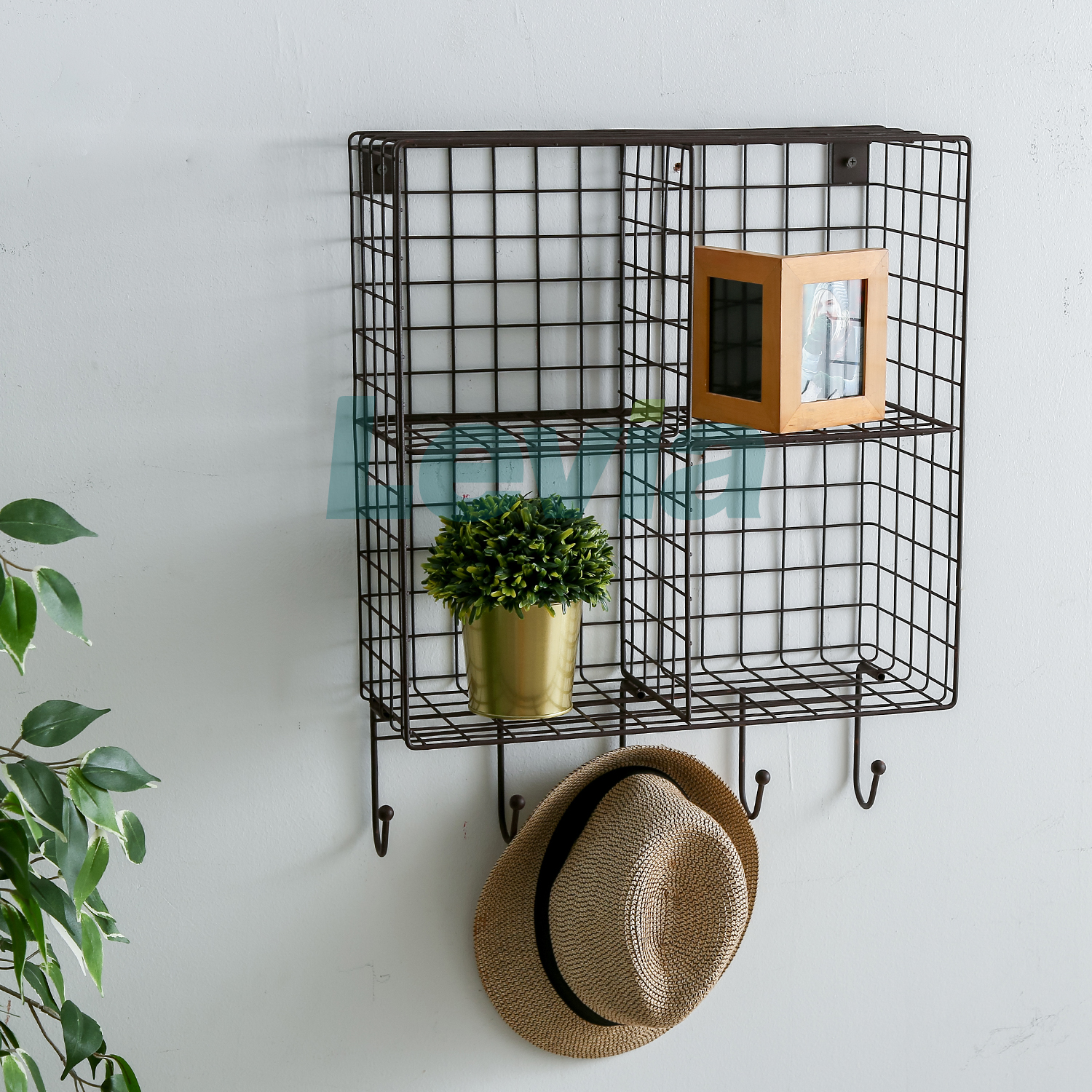 4-Cubby Wall Shelf With Hooks