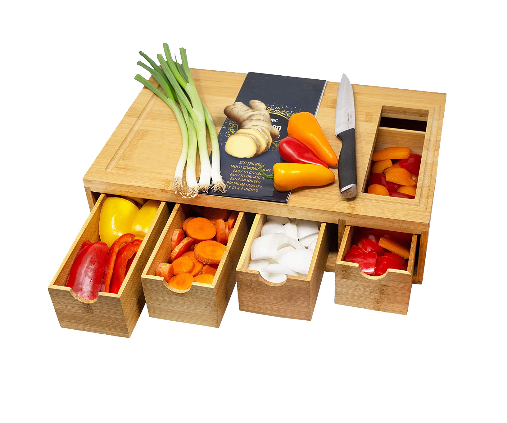 Large Bamboo Cutting Board With drawers Trays