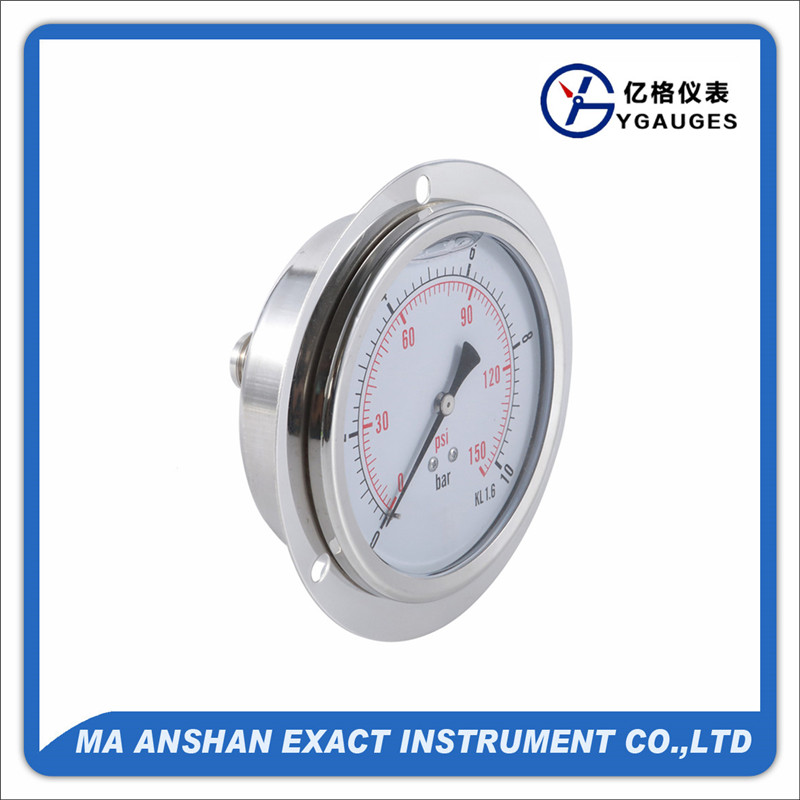Glycerine filled pressure gauge, crimpled type, back connection, with front flange, 304 stainless steel case, brass connection