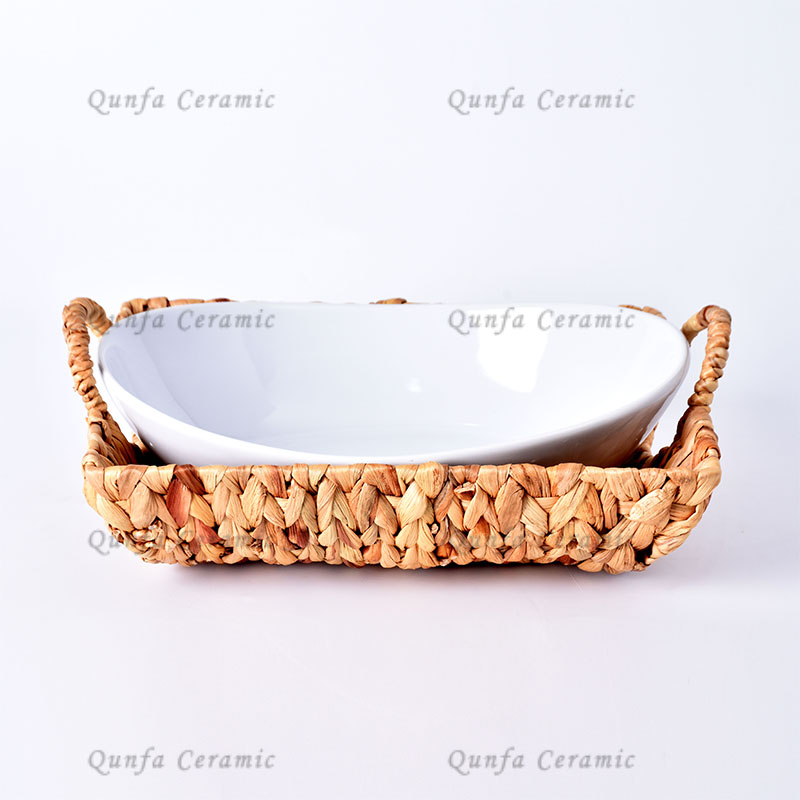 Ceramic Oval Bowl with Rattan