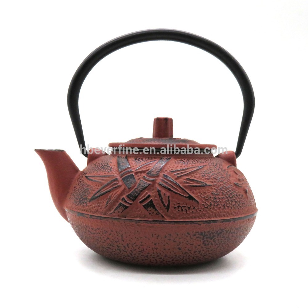 21 oz Red Cast Iron Teapot with Bamboo decorated