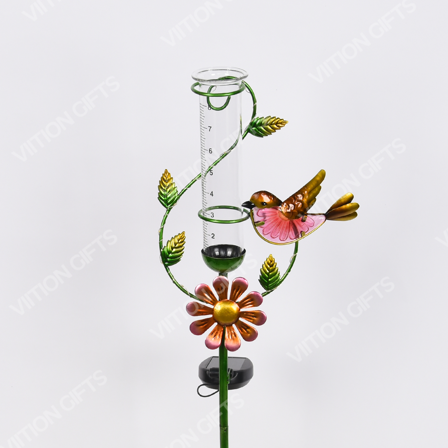 Solar rain gauge hummingbird stake