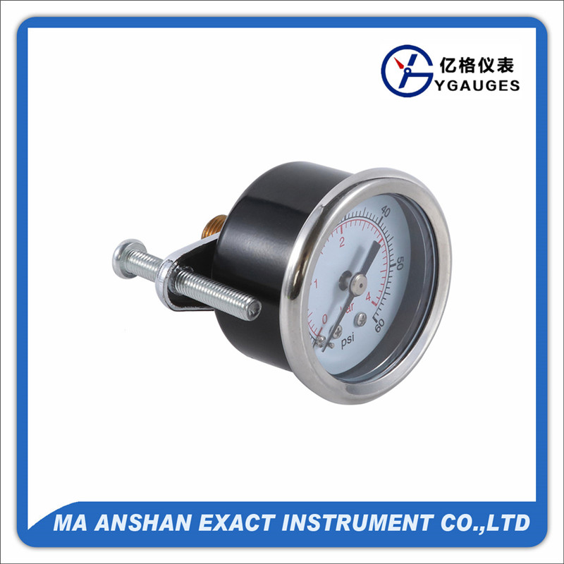 Dry pressure gauge, back connection, black steel case, with U-Clamp,brass connection