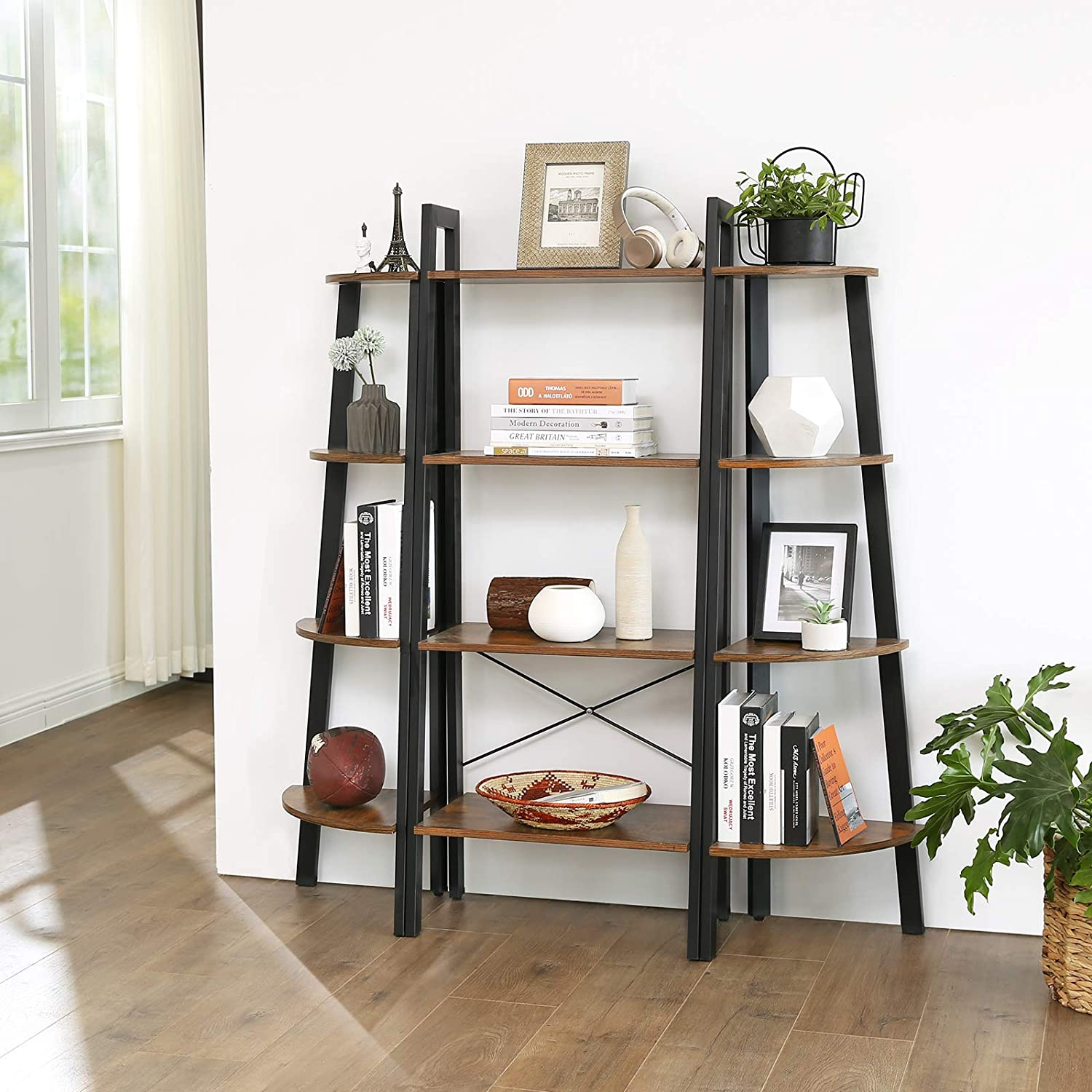 4-Tier Industrial Corner Ladder Shelf, Bookcase, Storage Rack, Plant Stand Accent Metal Frame Furniture Home Office, Black