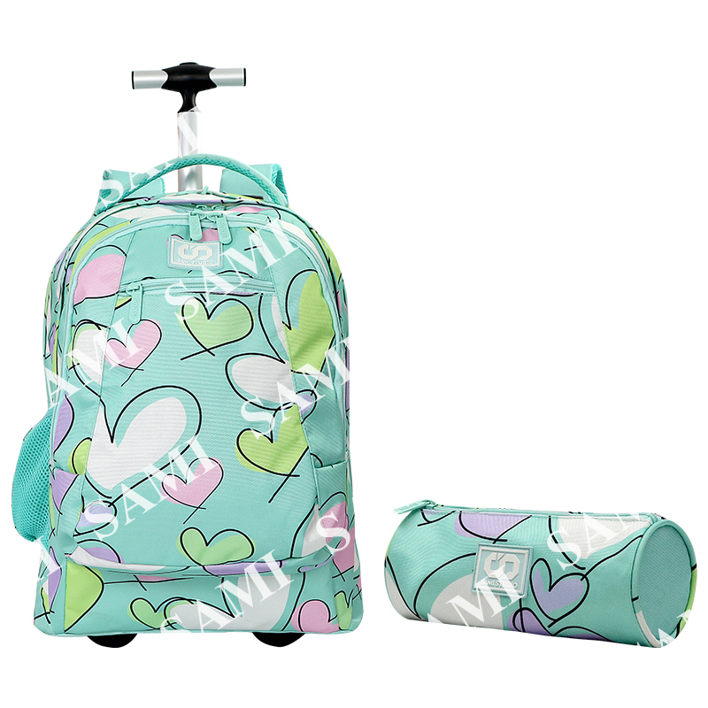 18 Inch 300D Mint Green Love School Trolley Bag W Pencil Case