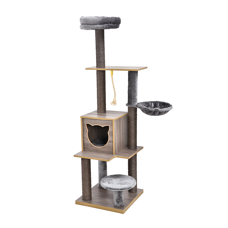 Muti-platform wooden cat tree with hammock
