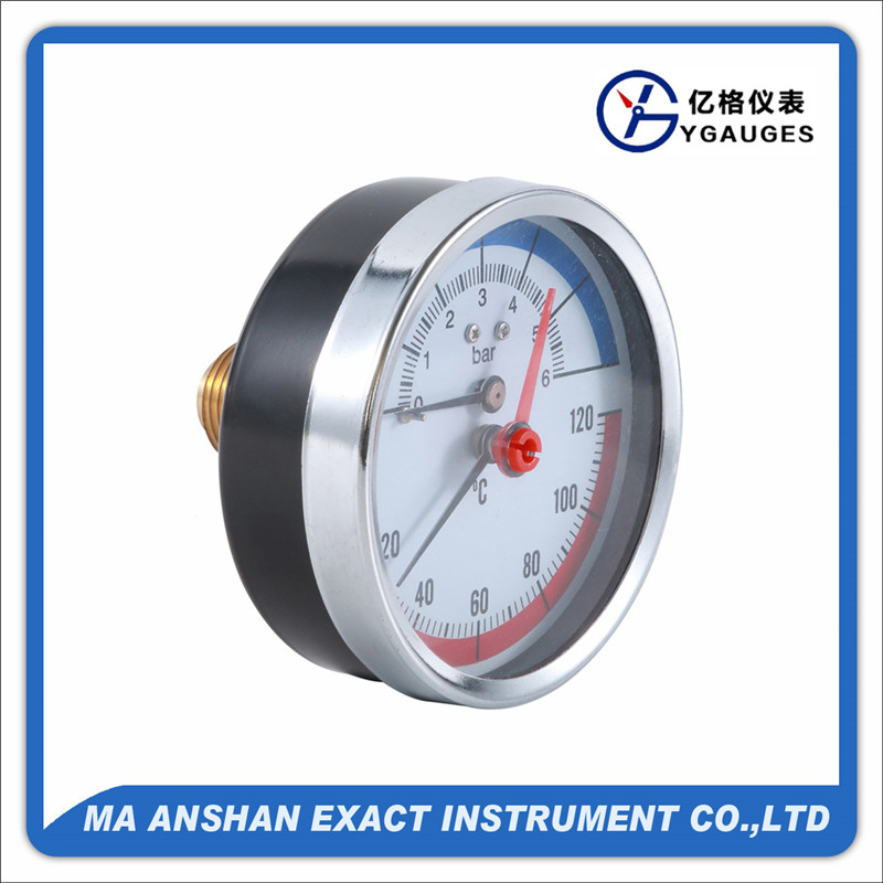 Thermomanometer, black steel case, back mount, brass connection