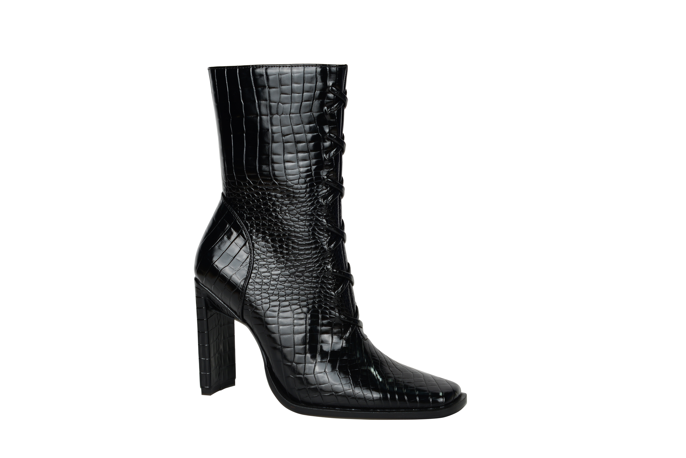 Women fashion square heels square toe ankle boots in balck STONE PU BS198823-03
