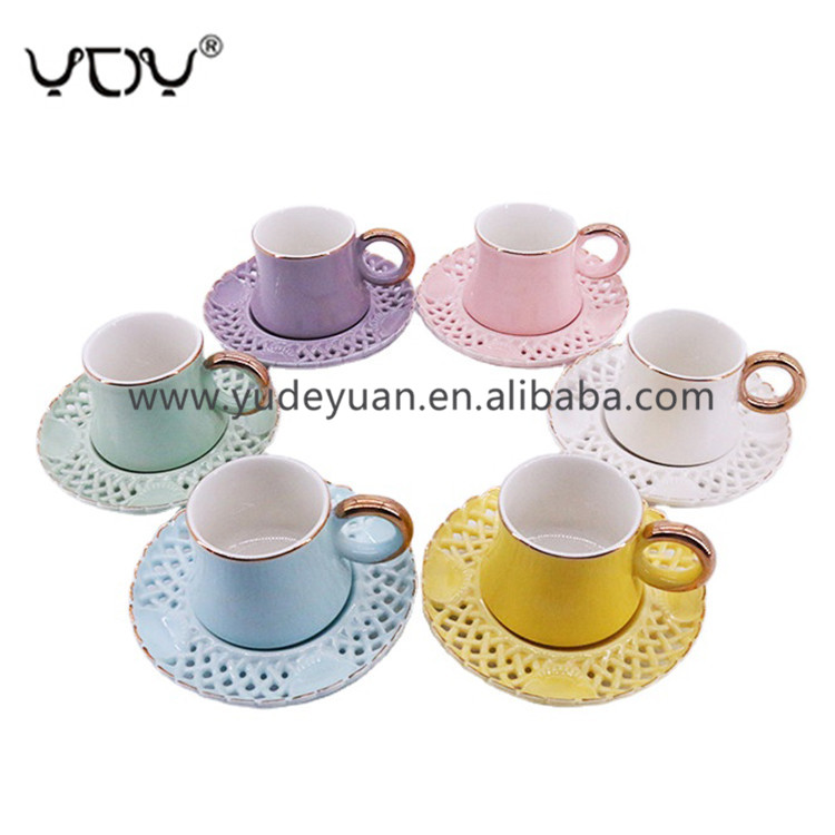 Unique Shape turkish colorful gold rim handle 80cc porcelain coffee cup saucer set