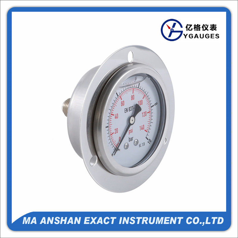 All S.S. Glycerine filled pressure gauge, crimpled type, back connection, with front flange, 304 stainless steel case, S.S. connection