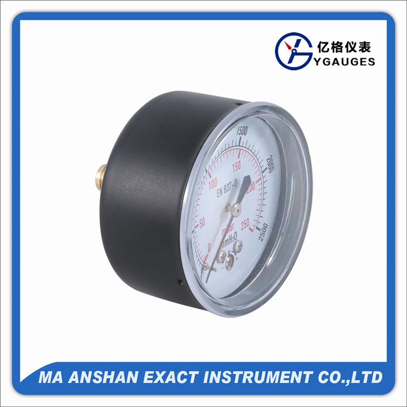 Dry pressure gauge, back connection, black steel/plastic case, brass connection