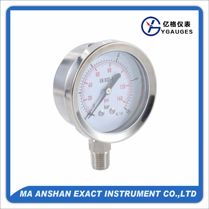 All S.S. Glycerine filled pressure gauge, bayonet type, bottom connection, 304 stainless steel case, S.S. connection