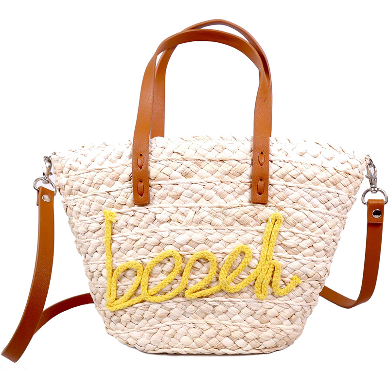 Natual corn husk crocheted cotton rope words detail beach bag