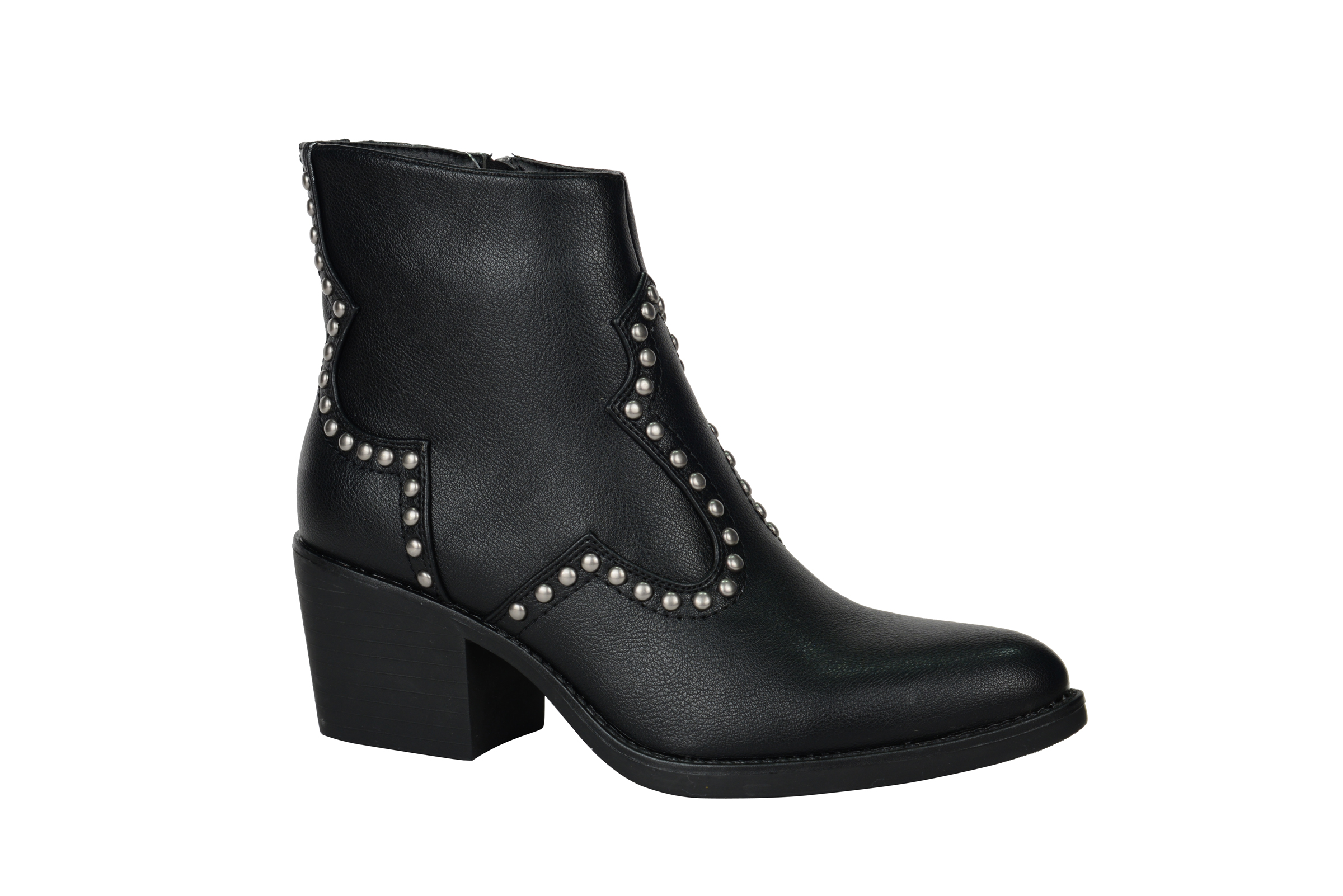 Women fashion low heels pointed toe ankle boots with rivits on whole shoes in balck PU BS192JB012