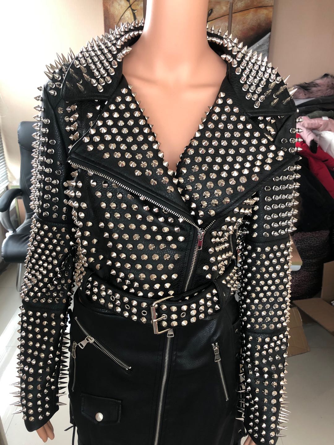 Ladies Print Embroidered With Studs Pu Jacket
